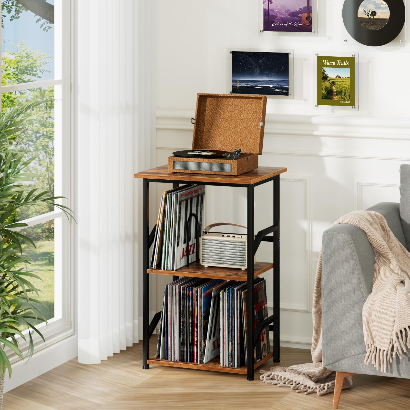 LOAKEKEL Record Player Stand, Vinyl Record Storage with Extra-Large Desktop