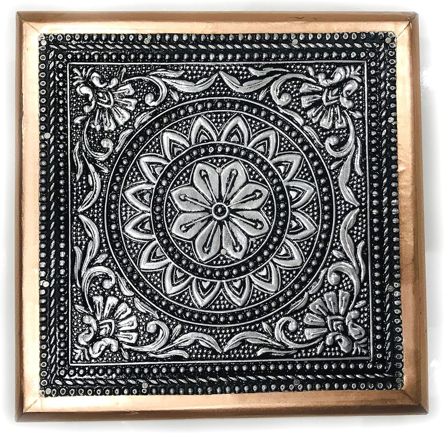 AARNAV 6" x 6" Handcrafted Low Table Bajath Bajot Chowki For God Temple or Lamp or Vase or Hindu Puja Oxidised Copper Table (Oxidised Copper 6"x6")