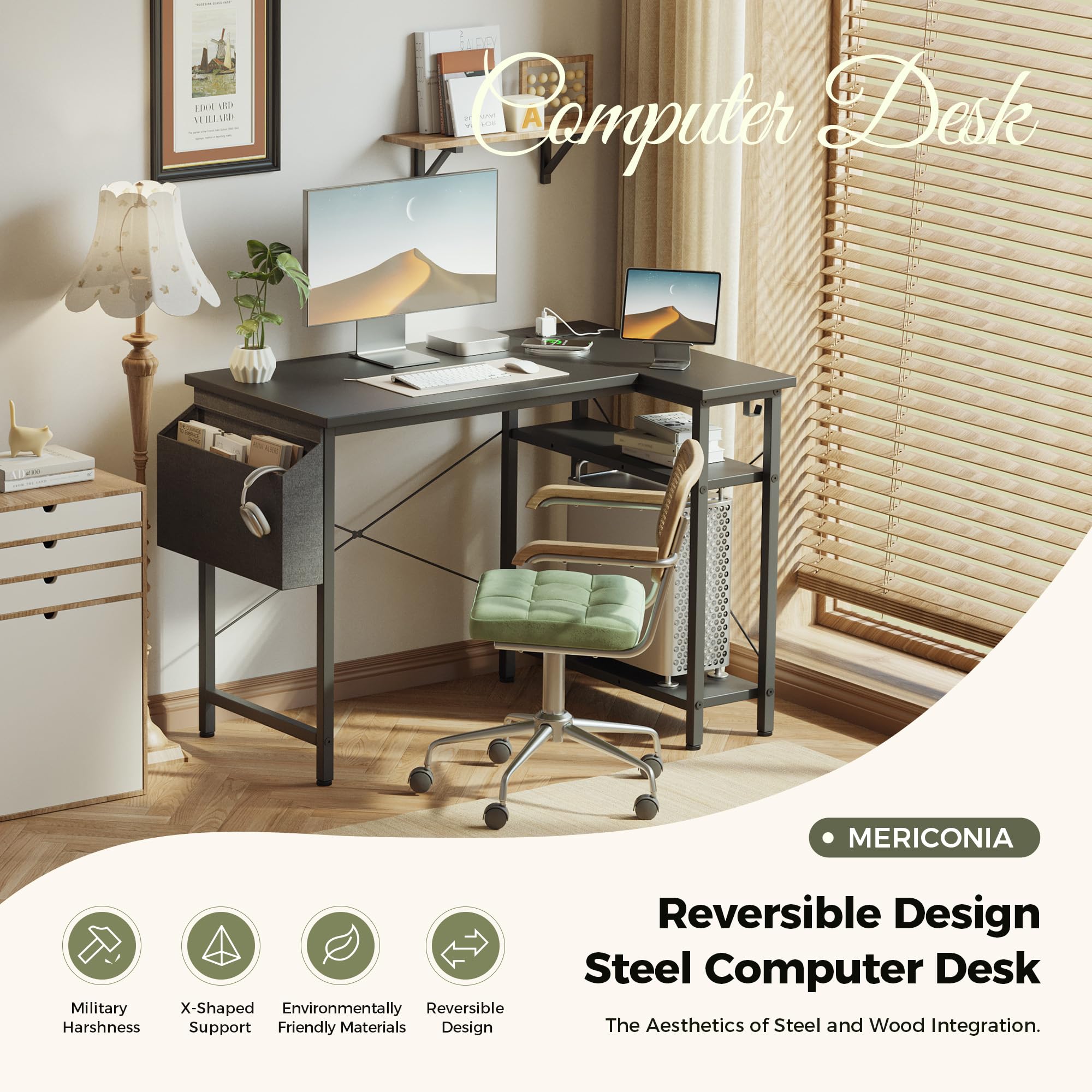 Mericonia Reversible Corner Desk, w. Power Outlets, 120x70cm, Black