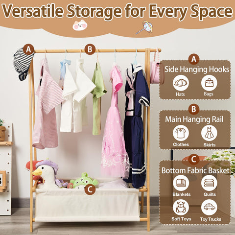 Bamysol 100% Natural Bamboo Kids Dress Up Rail With Storage, Toddler Wardrobe, Baby Crate Hamper with Rail, Kids Clothes Rail