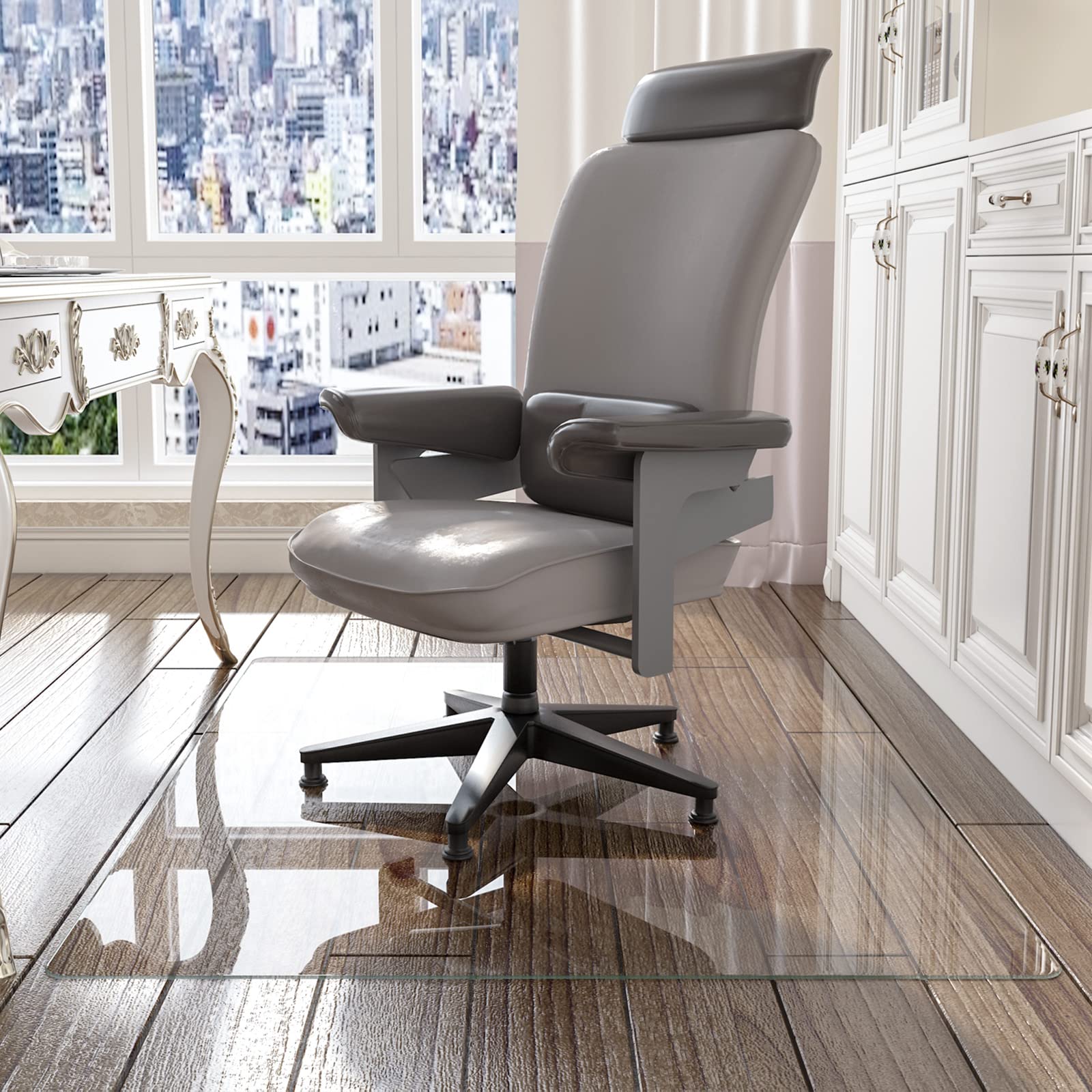 CASSILANDO Glass Office Chair Mat for Carpet, 115 x 139cm Tempered Glass Office Floor Mat for Carpeted or Hardwood Floors