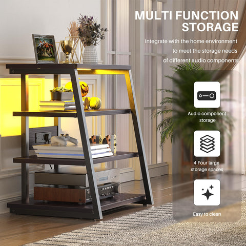 iSunirm AV Media Stand with Outlets, 4-Tier Media Console with LED Lights, Record Player Stand With Storage Shelves