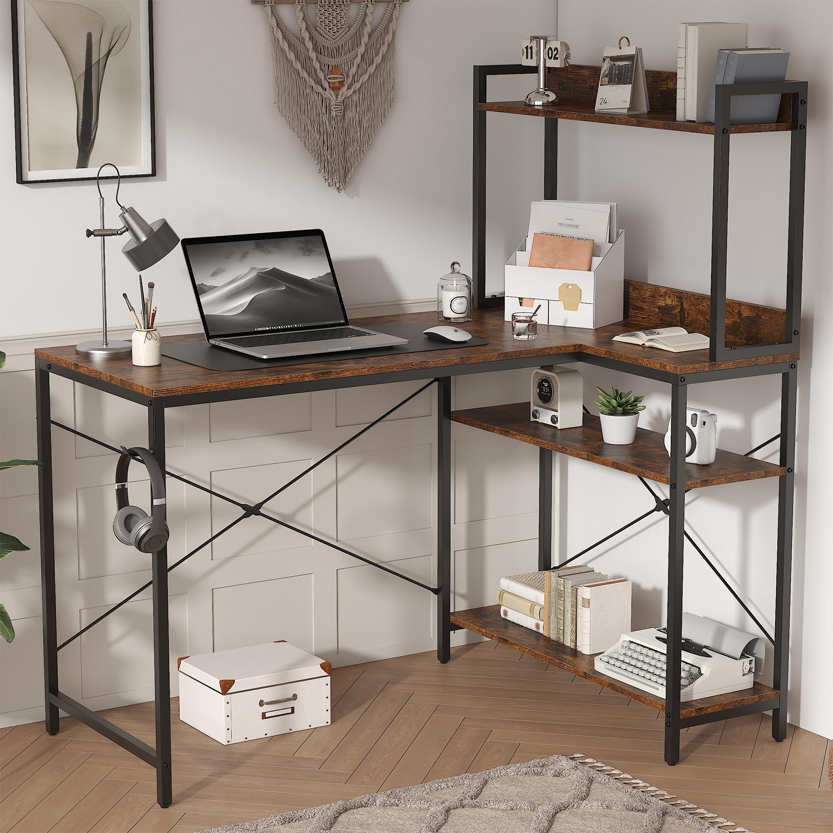 Feonase 47" L-Shaped Computer Desk Gaming Desk with Durable Metal Frame, Corner Desk with 4 Sheves and Hook