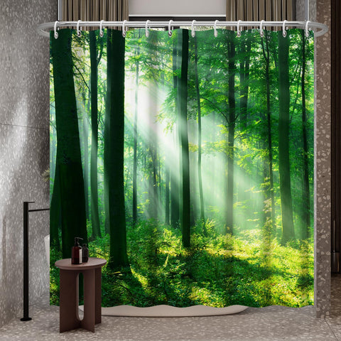 Bovlleetd 60x72inch Morning Forest Sunlight Bathroom Curtain 3D Printing Forest Scenery Natural Shower Curtain Green Woodland Waterproof Bath Curtain