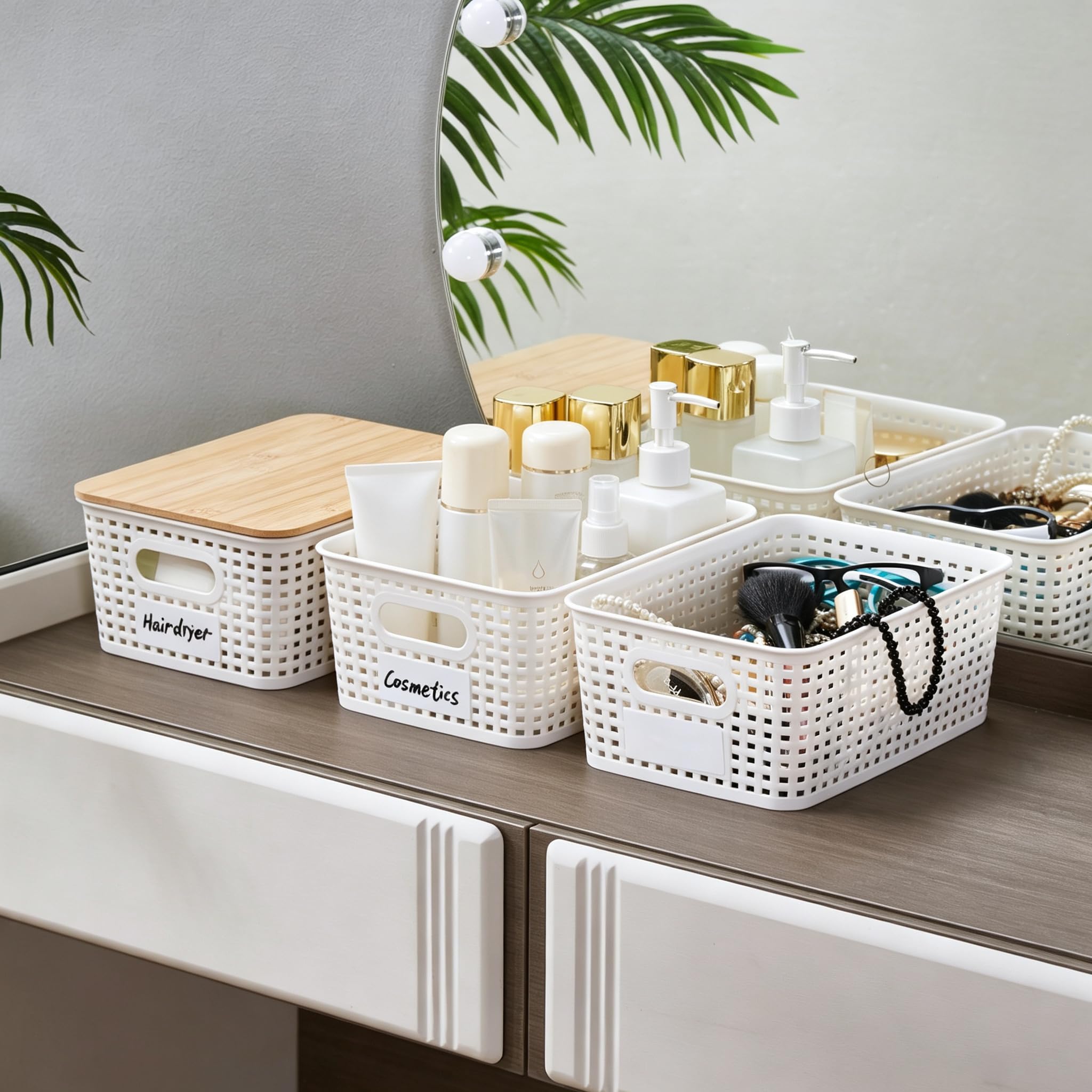 Mangata 6 Pack Storage Boxes with Bamboo Lid, Stackable Storage Baskets White
