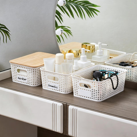 Mangata 6 Pack Storage Boxes with Bamboo Lid, Stackable Storage Baskets White
