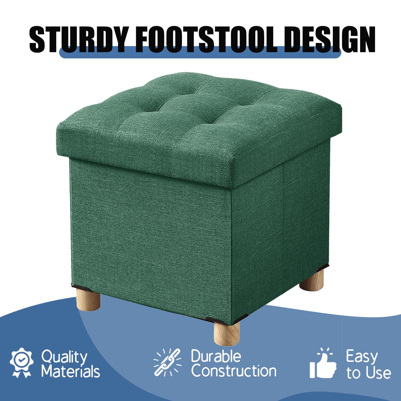 BRIAN & DANY Folding Ottoman Storage Box with Wood Legs, Linen Foot Stool, Footstool with Storage, Highly Elastic Sponge Filling, Dark Green
