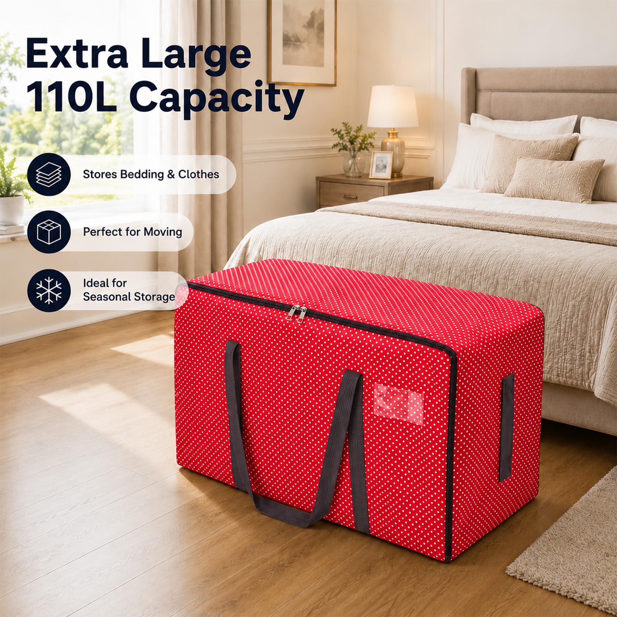 HomlyPro 110L Large Storage Bag, Heavy Duty Waterproof Bag with Zip, Strap & Handle for Moving House Essentials, College Dorm, Christmas Decor