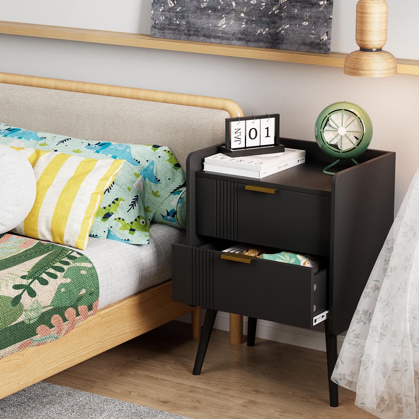 Garden 4 you Bedside Table, Nightstand, Bed Side Table with Wood Decorated Drawers, Modern Bedside Cabinet, Bedroom End Table with Storage