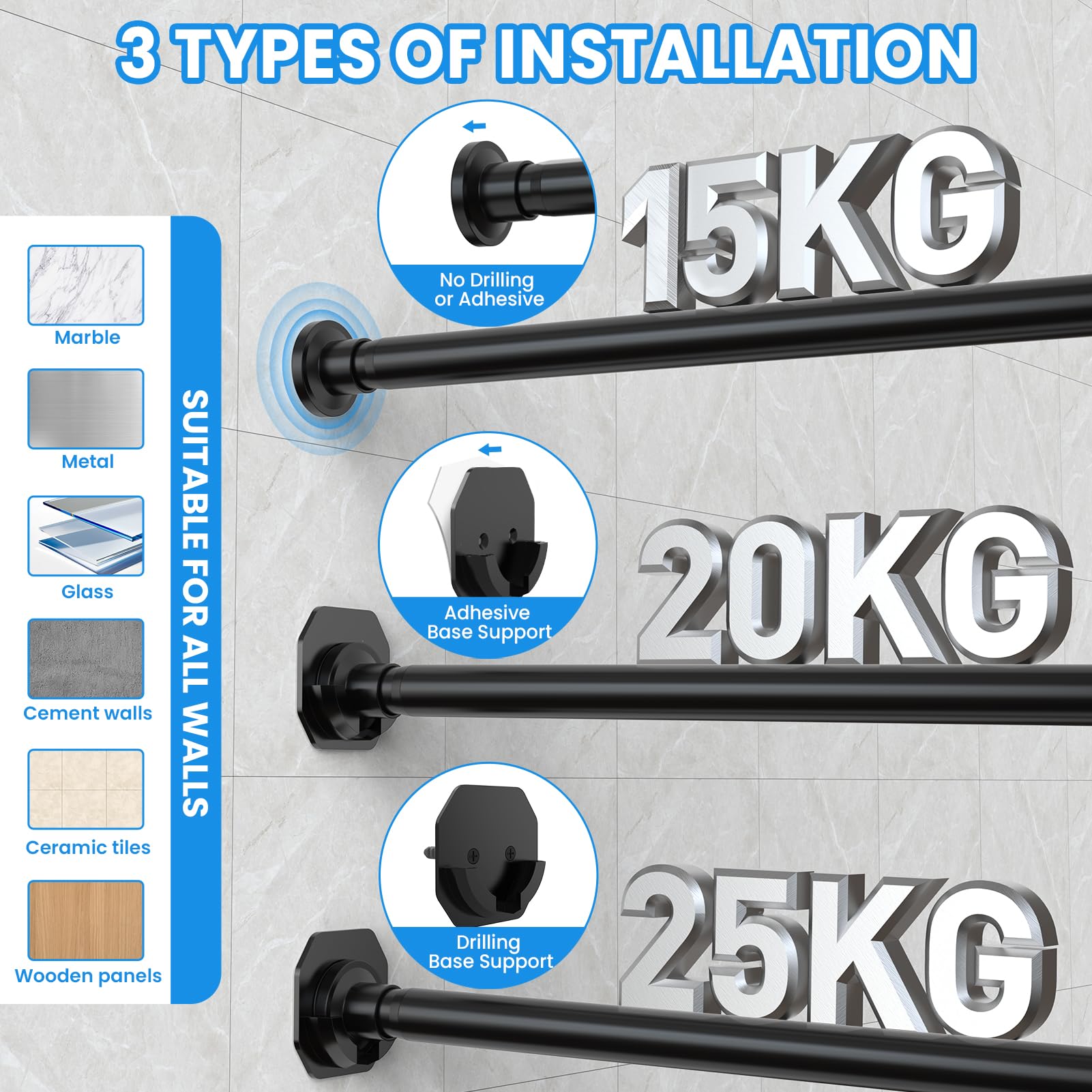 Extendable Φ32mm Curtain Poles 98-290cm Tension Rods with 2 Wall Base