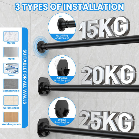 Extendable Φ32mm Curtain Poles 98-290cm Tension Rods with 2 Wall Base