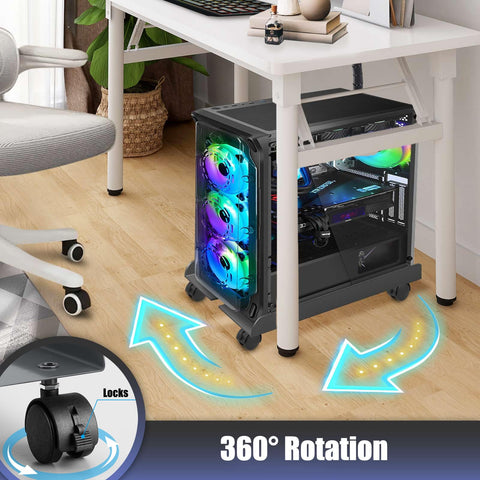 Yumzxin Heavy-Duty Steel Computer Tower Stand with Lockable Wheels- Adjustable Width 20-26cm, Universal PC Case Holder for Gaming/Office Desktops