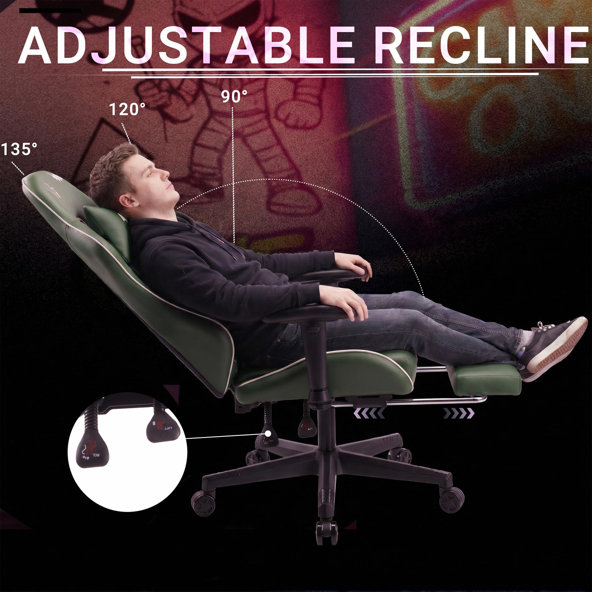 play haha Gaming Chair with Footrest, Ergonomic Reclining Gamer Chair with Adjustable Armrests
