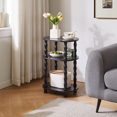 Aibiju 3 Tier Oval Side Table with Storage, Narrow End Table with Solid Wood Legs, Bedside Table Nightstand for Small Spaces, Bedroom, Living Room