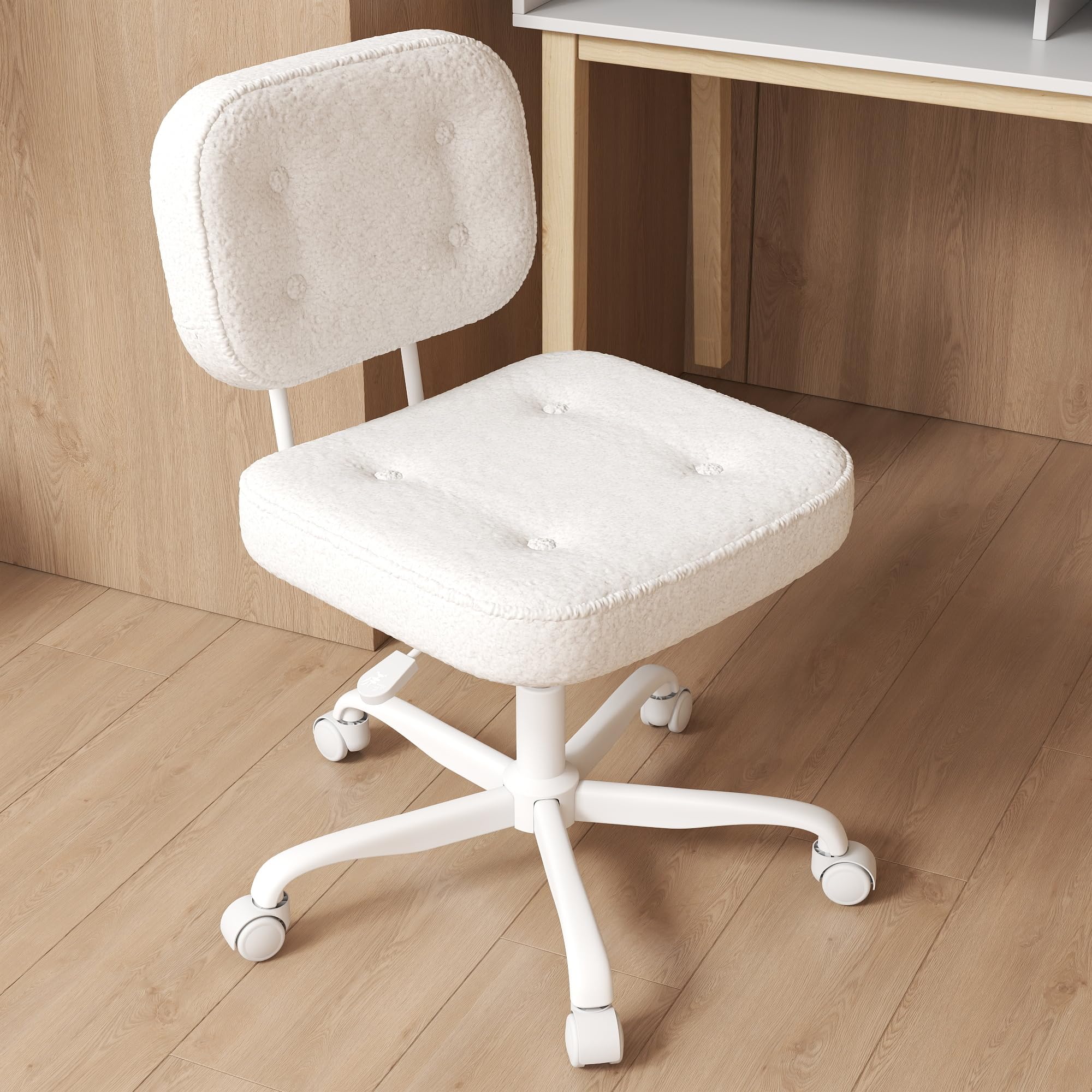 AnyGod Armless Desk Chair, Adjustable Swivel Task Seat, White Teddy-Fleece