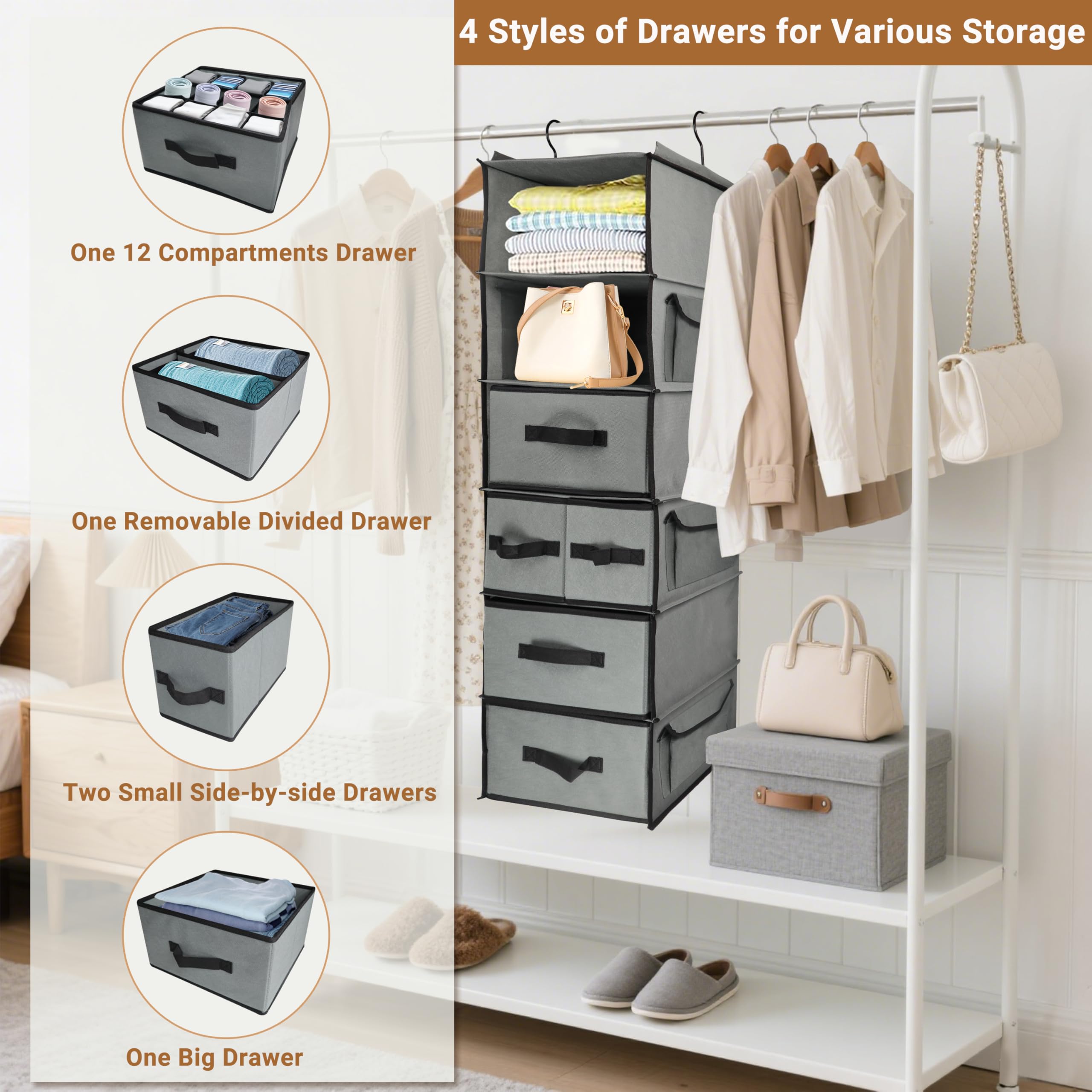 Folzaelar Durable Hanging Wardrobe Organiser with 5 Drawer & 3 Side Pocket,6-Tier Thickened Fabric Hanging Shelf Clothes Storage Holder Organization