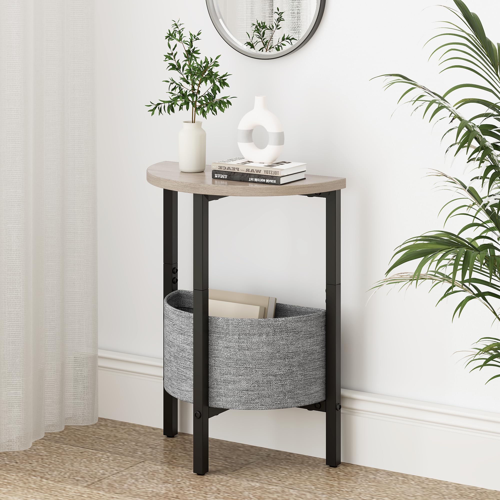 Vagusicc Side Table, Round End Table with Fabric Basket, Small Coffee Table, Set of 2 Half Moon Entry Table, Accent Table Bedside Table