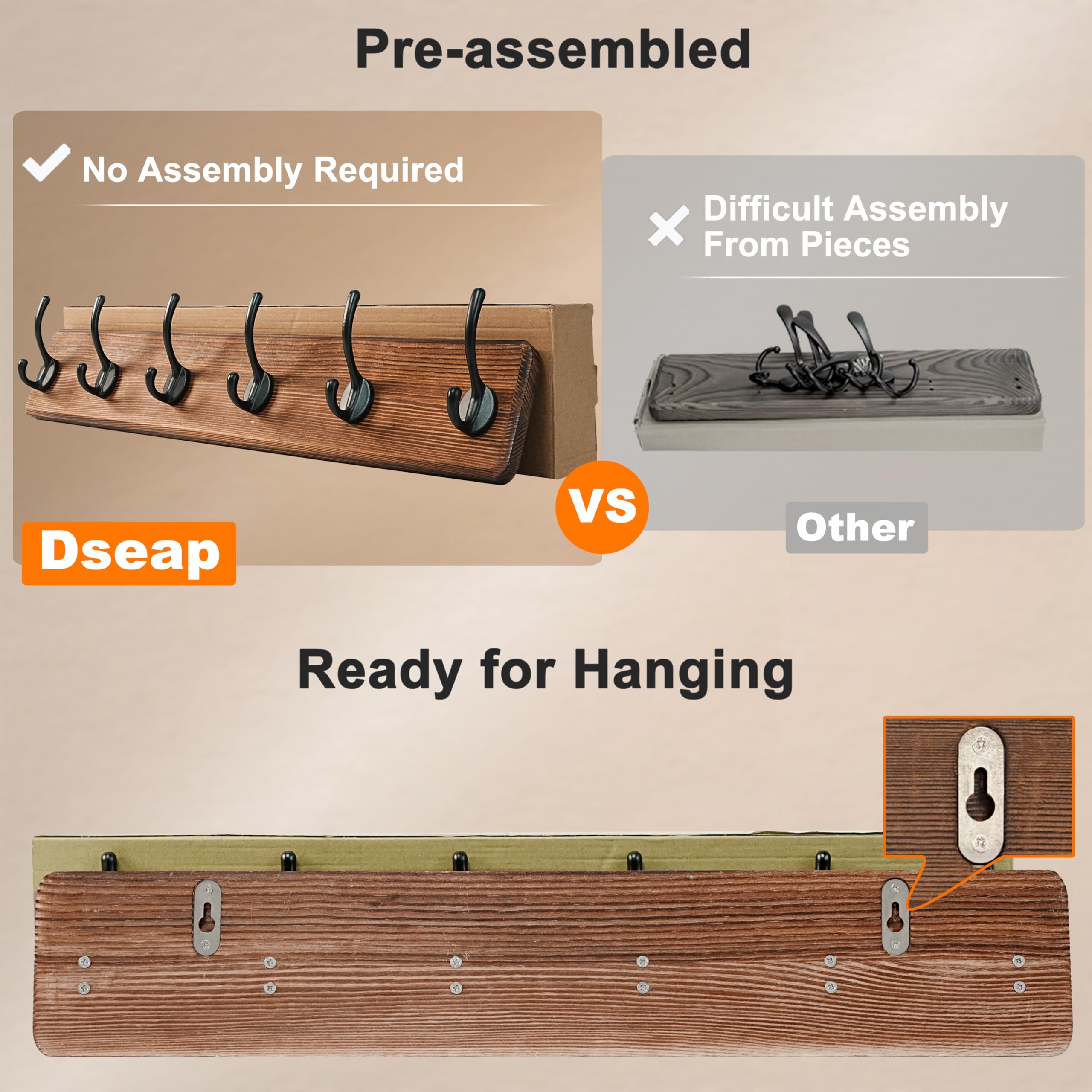 Dseap Coat Rack Wall: 60cm Long, Patented, Heavy-Duty, 6-Double-Hooks Wooden Wall Mounted Coat Rack Coat Hanger Hook Rail for Winter Coats Hat Jacket