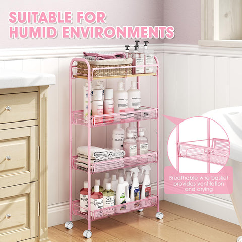 KINGRACK 4-Tier Slim Rolling Cart, Metal Storage Cart with Wooden Tabletop and Mesh Baskets for Narrow Space on Kitchen Bathroom Laundry Room Bedroom