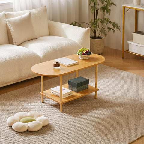 Aibiju Wooden Tea Table Splicing Design, 2 Tier Coffee Table for Living Room, 35x16x17inch TV Table Stand with Storage Shelf Natural Wood Color