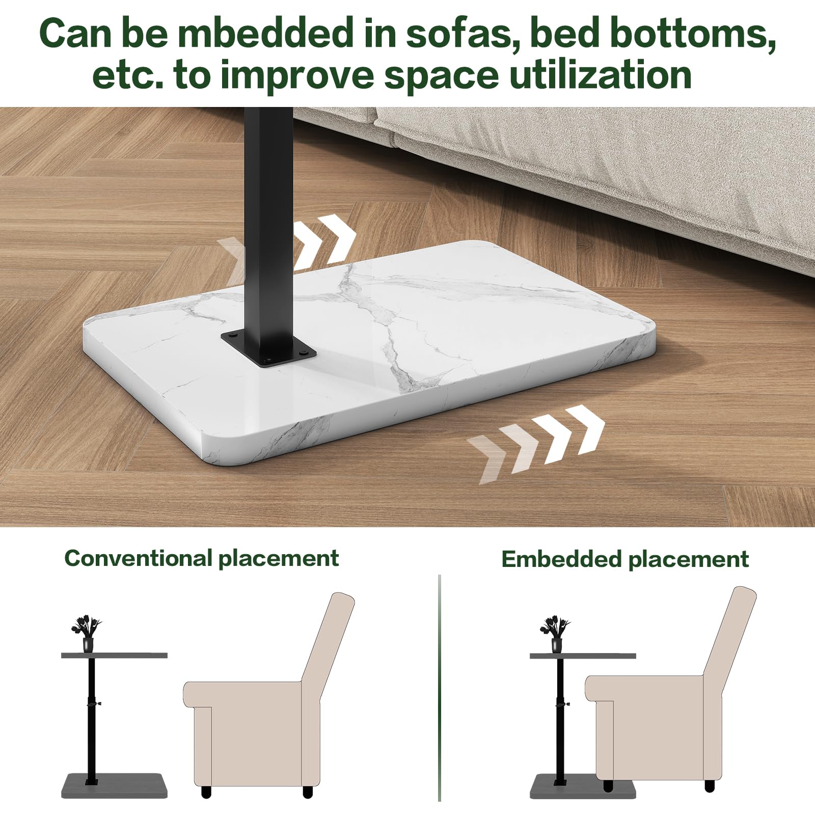 IBUYKE C Shaped Side Table,Height Adjustable,White with Black TVT003BW