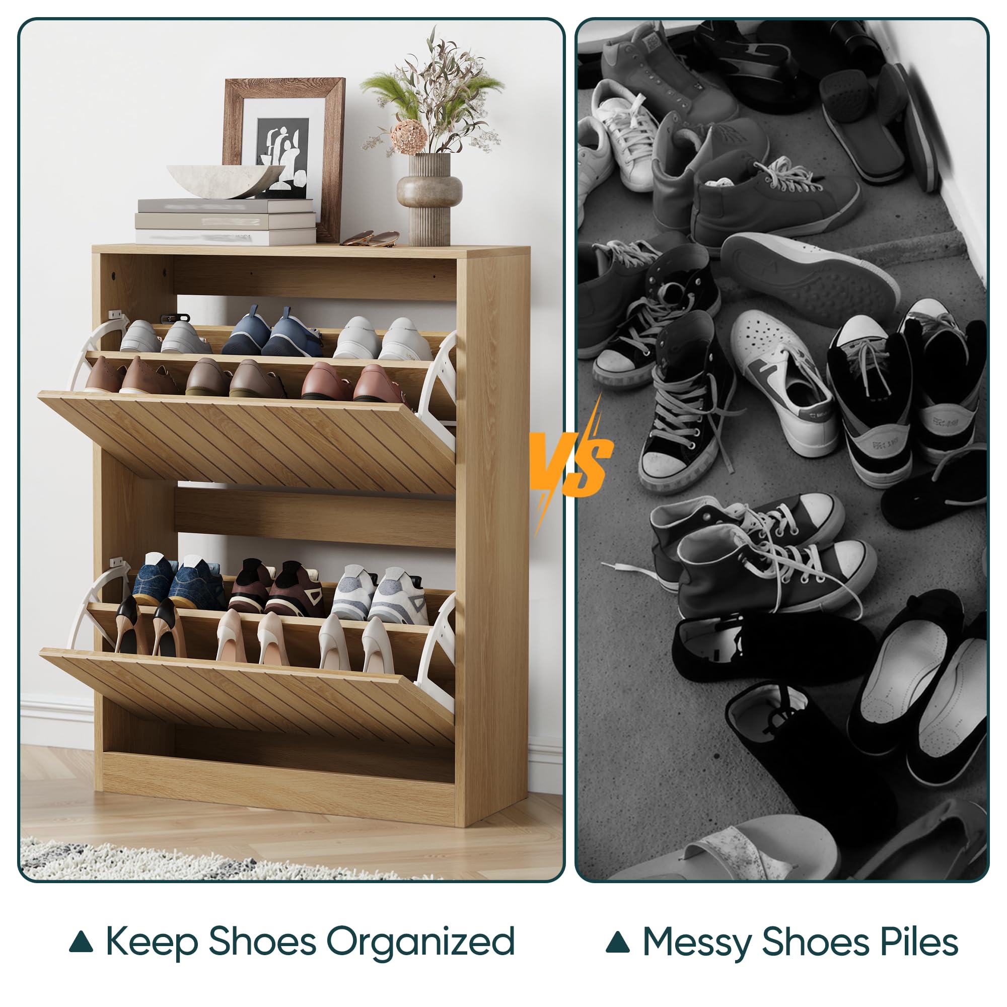 Semiocthome 2 Tier Drawer Shoe Cabinet, 80×60×24cm Wooden Shoe Storage Cabinet, Artistic Storage Cupboard for Hallway and Indoor Use