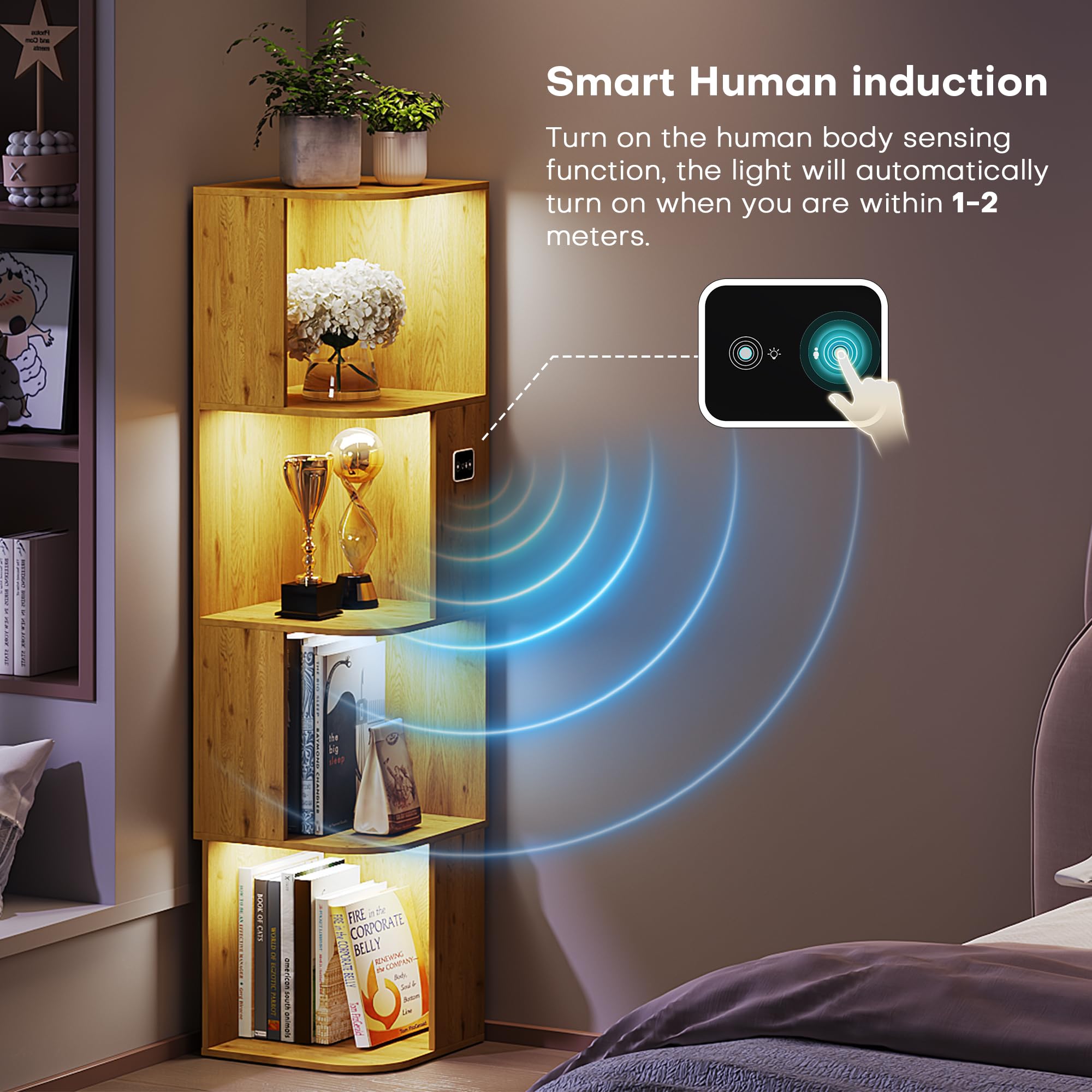 55.1 " Corner Wood Bookcase with Body Sensor LED for Home Office,Natural