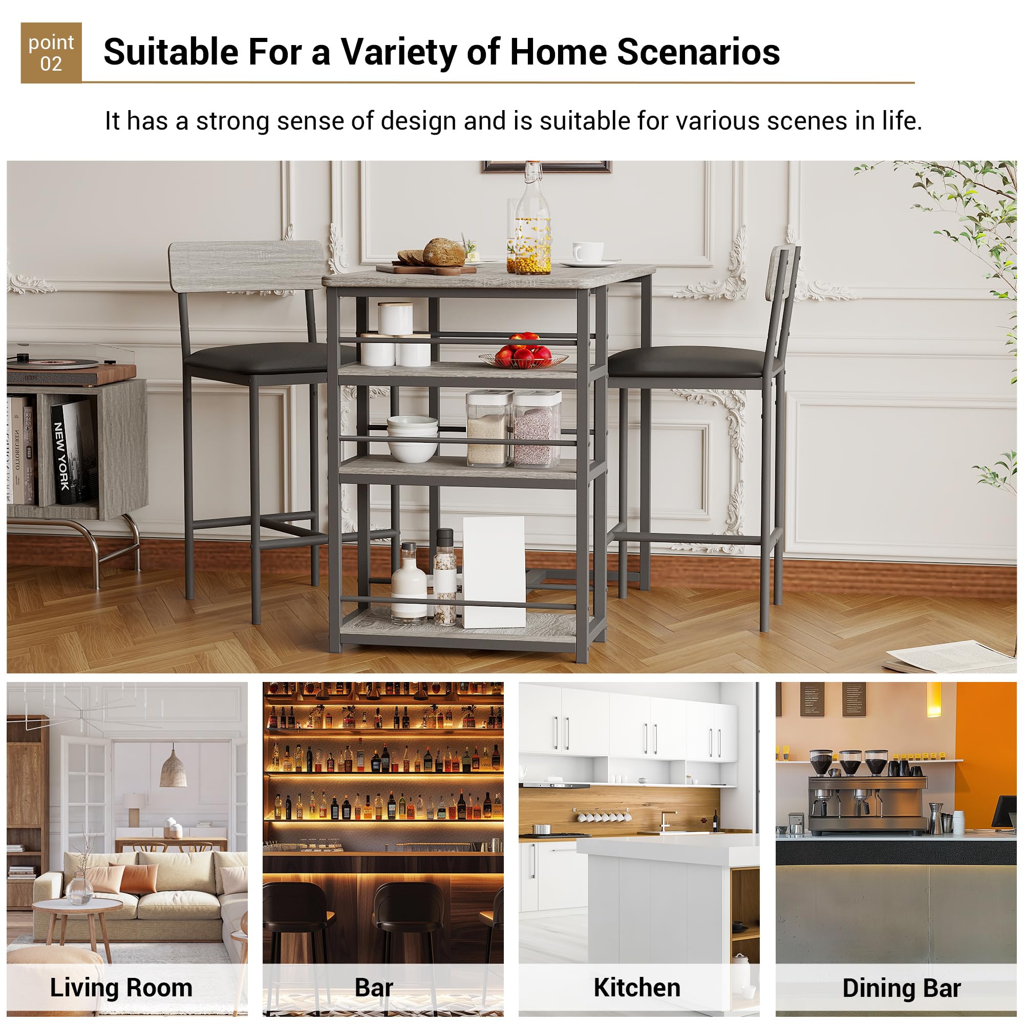 Techigher Bar Table Set, Dining Tables with 2 Upholstered Chairs, 3 Piece Counter Height Kitchen Table Set with 3-Tier Storage Shelves