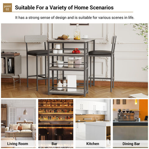 Techigher Bar Table Set, Dining Tables with 2 Upholstered Chairs, 3 Piece Counter Height Kitchen Table Set with 3-Tier Storage Shelves