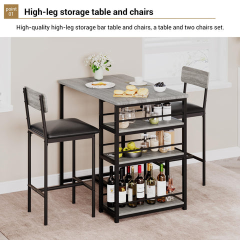 Techigher Bar Table Set, Dining Tables with 2 Upholstered Chairs, 3 Piece Counter Height Kitchen Table Set with 3-Tier Storage Shelves