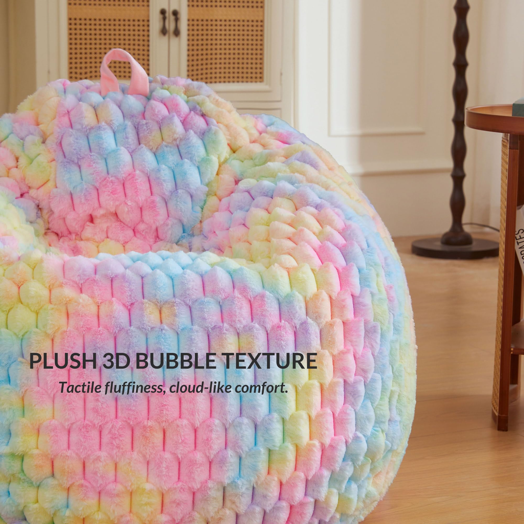 XeGe 3D Bubble Fluffy Faux Rabbit Fur Bean Bag Cover(No Filler), Rainbow