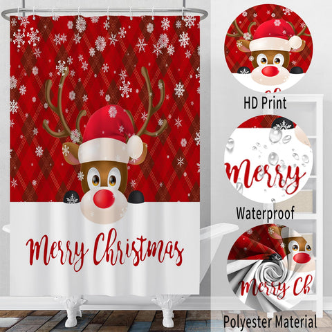 SDOTPMT 140x183cm Cute Cartoon Reindeer with Red Hat Shower Curtain Merry Christmas Festive Red Grids Bath Curtain Winter Holiday Snowflakes Shower