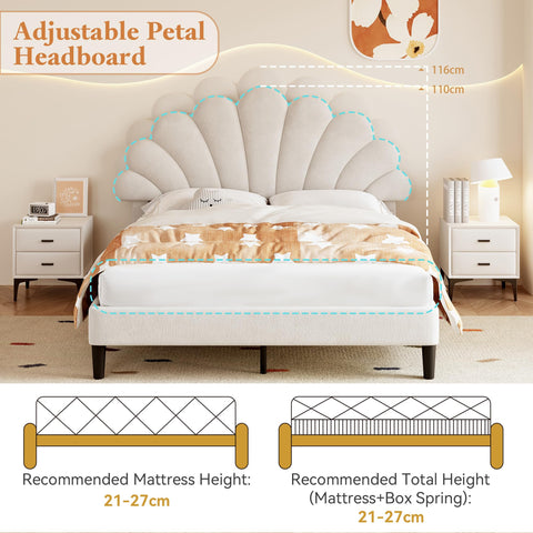 Ball & Cast Double bed frame, 4ft6 Double Upholstered Bed, Adjustable Chic Petal Headboard, Sturdy Wooden Slat Support, Velvet Fabric (No Mattress)