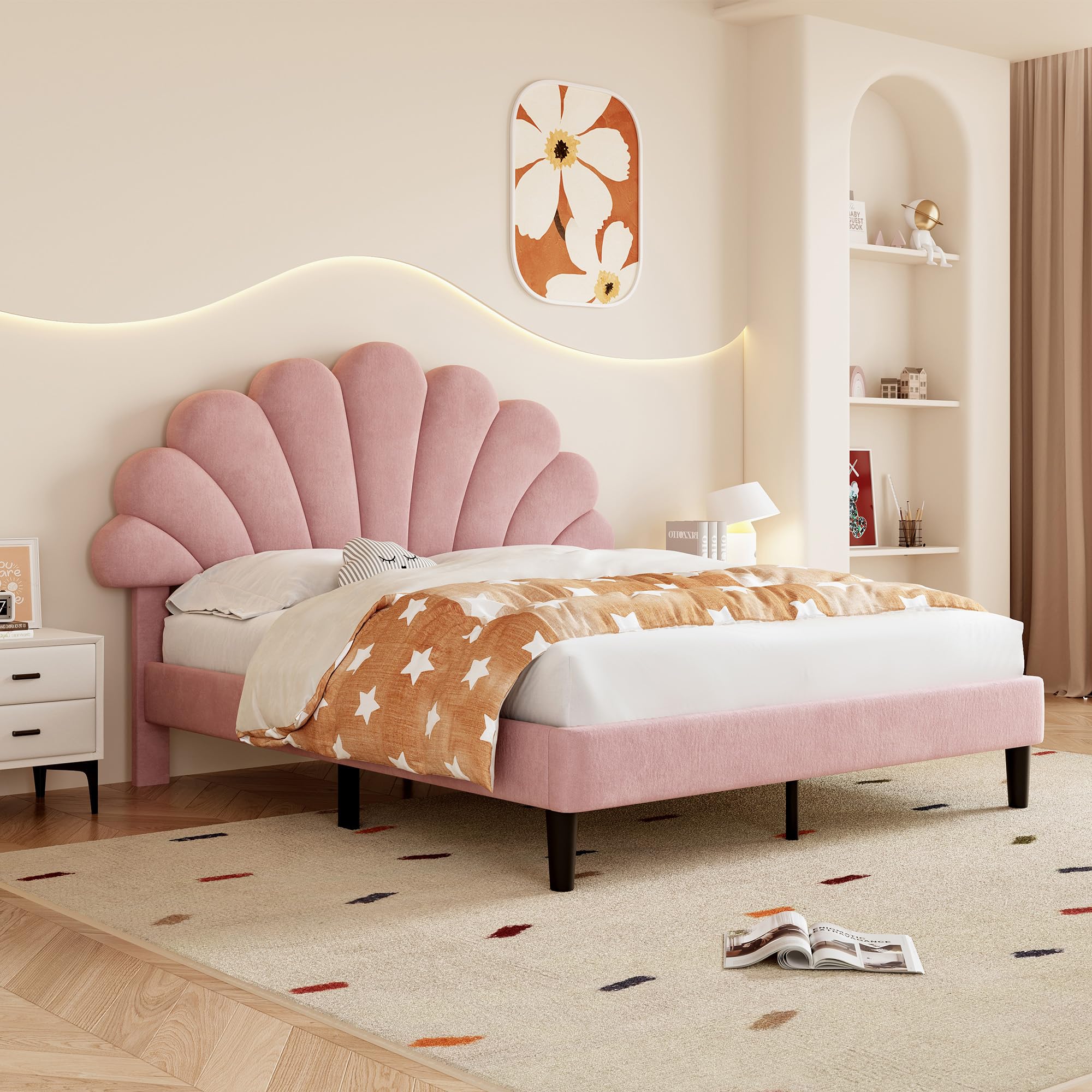 Merax 4ft6 Platform Bed Frame Double Upholstered with Adjustable Chic Petal Headboard, Solid Wood Slat Support, No Box Spring Needed