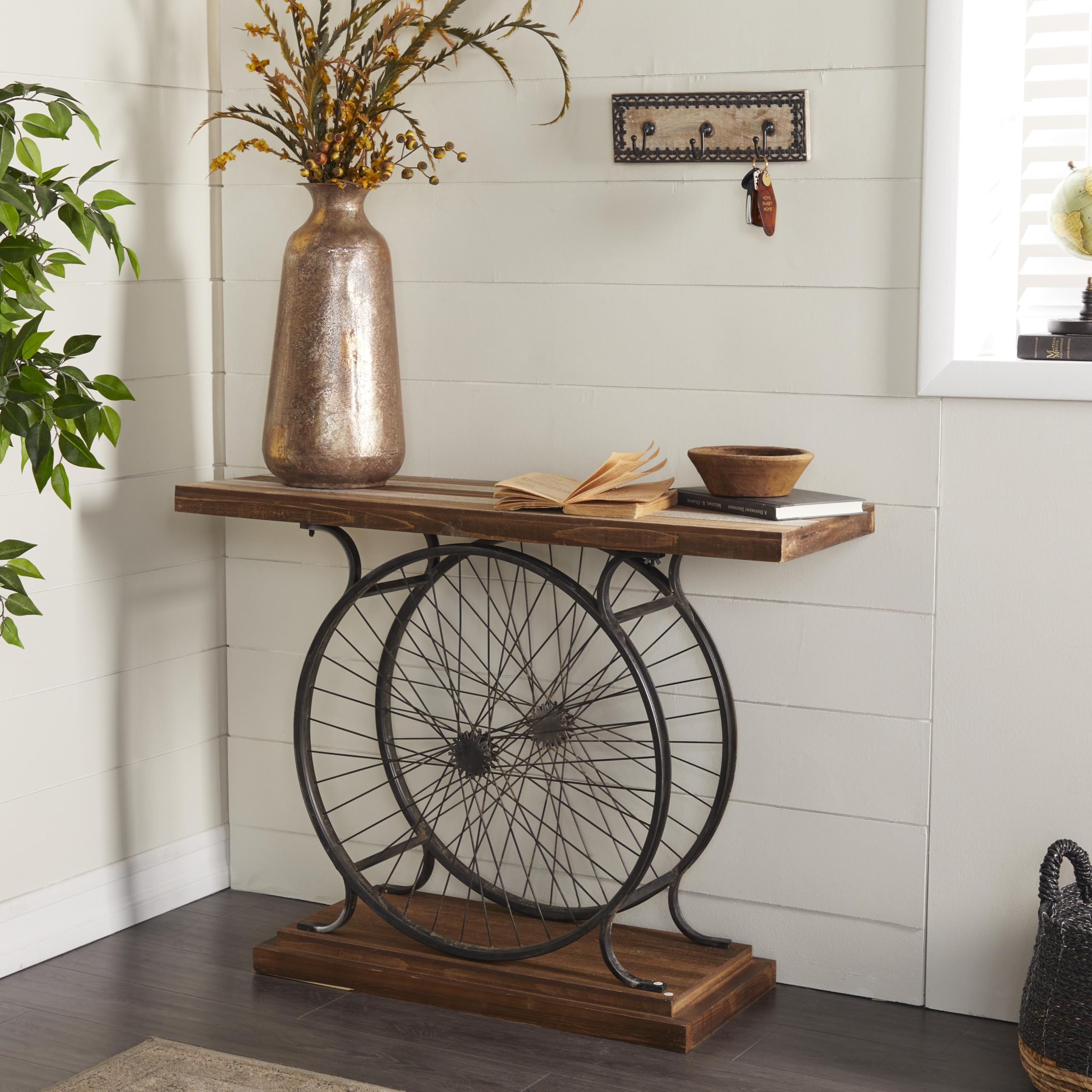 Deco 79 Wood Bike Wide Slatted Top Console Table with Dual Wheel Frame and Tiered Base, 39 Inch x 12 Inch x 25 Inch, Brown