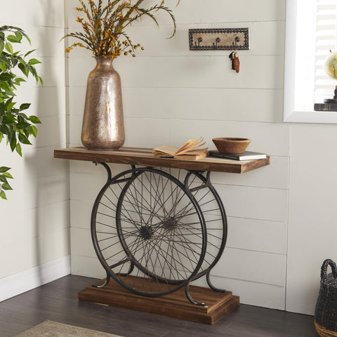 Deco 79 Wood Bike Wide Slatted Top Console Table with Dual Wheel Frame and Tiered Base, 39 Inch x 12 Inch x 25 Inch, Brown