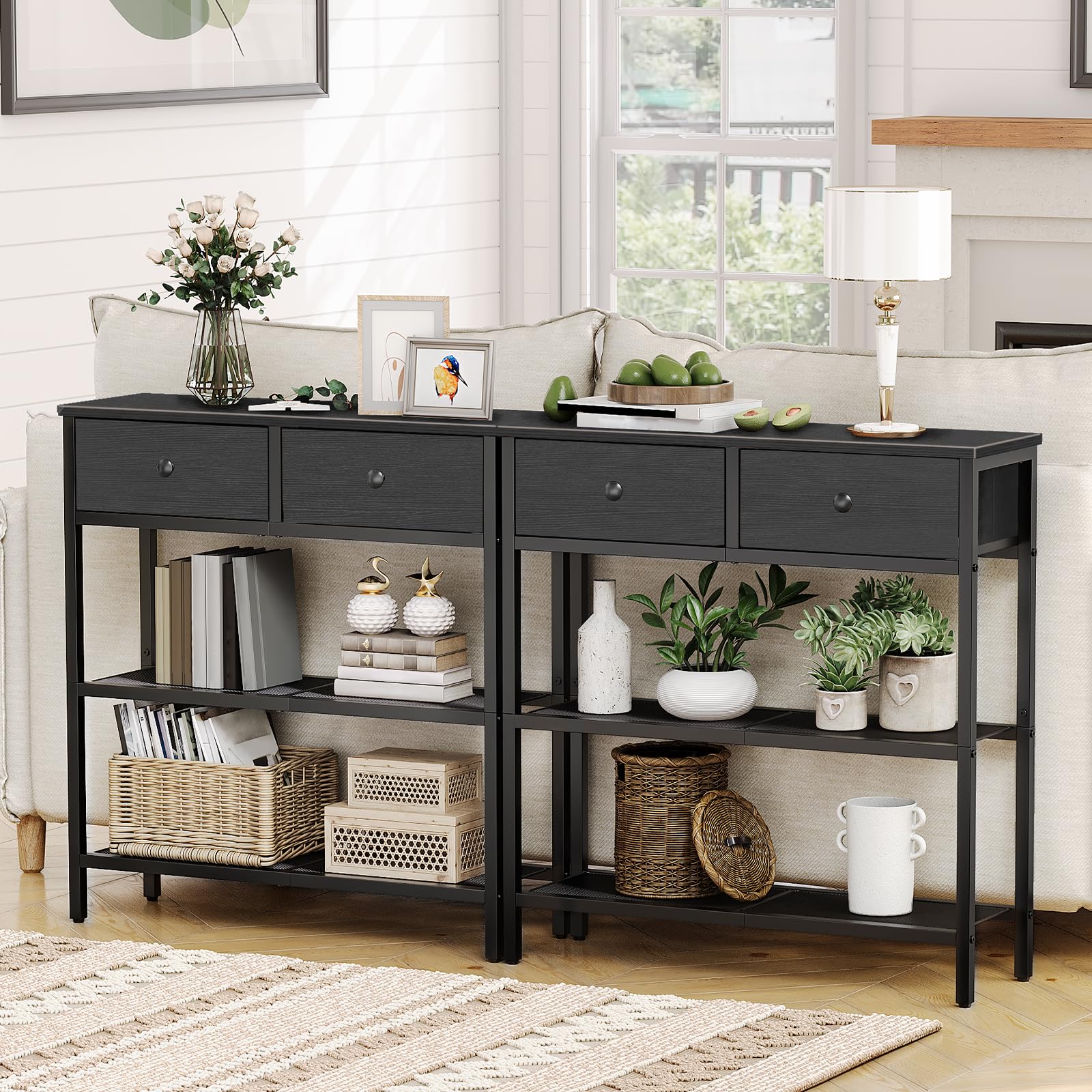 HOOBRO Console Table, Slim Console Table with 2 Non-woven Drawers, Hallway Table with Storage, Slim Sofa Table for Small Spaces, Living Room