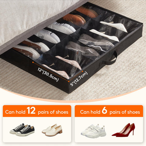 Lifewit 2-Pack Under Bed Shoe Storage, 11cm Shallow Underbed Shoe Organiser with Clear Cover, Set of 2 Slim Stackable Shoe Boxes Hold 24 Pairs, Black