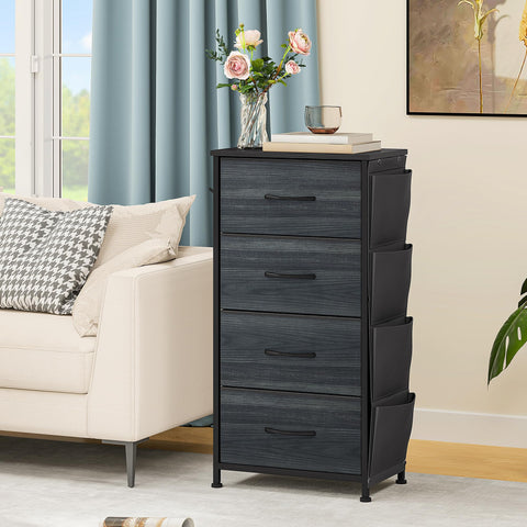 DWVO Narrow Chest of Drawers with 4 Drawers, Fabric Chest Drawers with Side Pocket&Hooks,Easy Pull Handle,Sturdy Steel Frame for Bedroom,Living