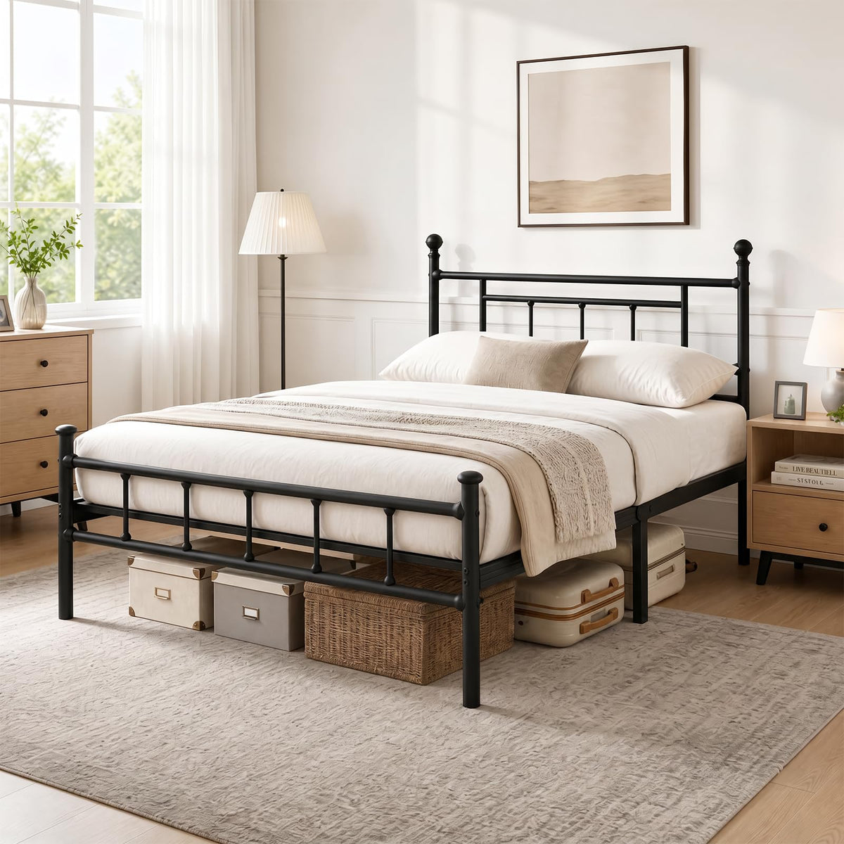 Apextella Home 4ft6 Double Bed Frame Heavy Duty Steel Bed with Headboard and Footboard Black Metal Slat Support and 32cm Underbed Storage Space Easy