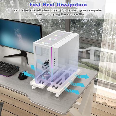 Qcdou Adjustable Mobile CPU Stand - Ventilated Tower Stand with 4 Caster Wheels, Fits Most PC, for Floor Carpet Gaming Case (White)