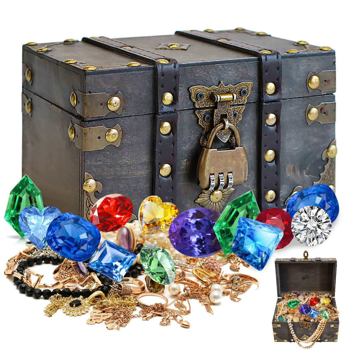 Yicaam Vintage Wooden Treasure Chest Box with Lock (18x11.5x10.5cm) Treasure Jewelry Chest