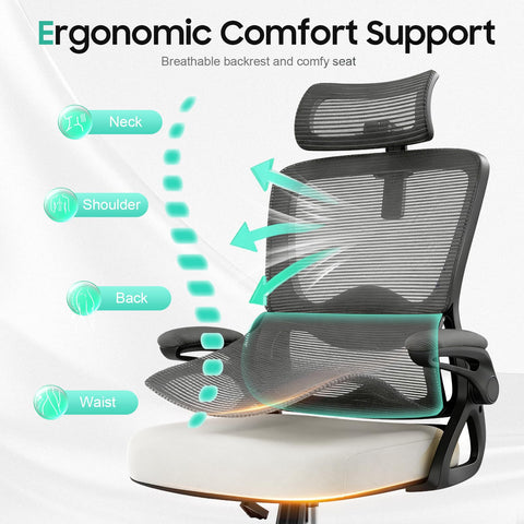 YONISEE Office Chair, Ergonomic Desk Chair -Dual Backrest Design with 2D Lumbar Support & Adjustable Headrest. Swivel Computer Chair with Flip-up