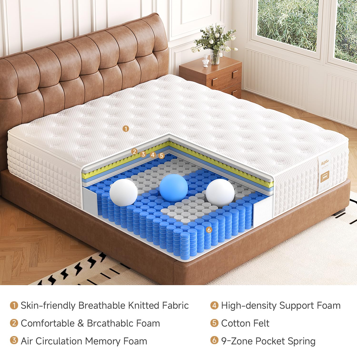Hieptos Double Mattress, 4ft 6 Orthopaedic Medium-Firm Double Bed Mattress, 11.02 Inch Foam and Pocket Springs Rolled & Compressed