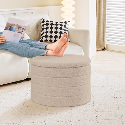 PINPLUS Round Ottoman Storage, Convertible Table, Beige, 56x56x40 cm