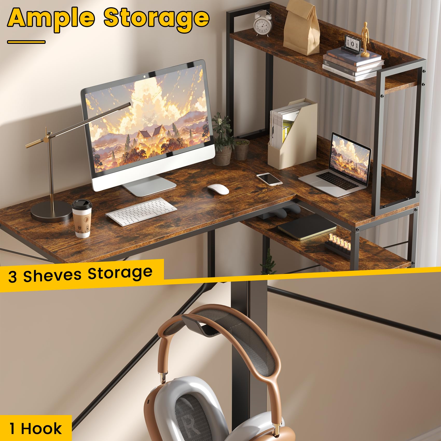 Feonase 47" L-Shaped Computer Desk Gaming Desk with Durable Metal Frame, Corner Desk with 4 Sheves and Hook