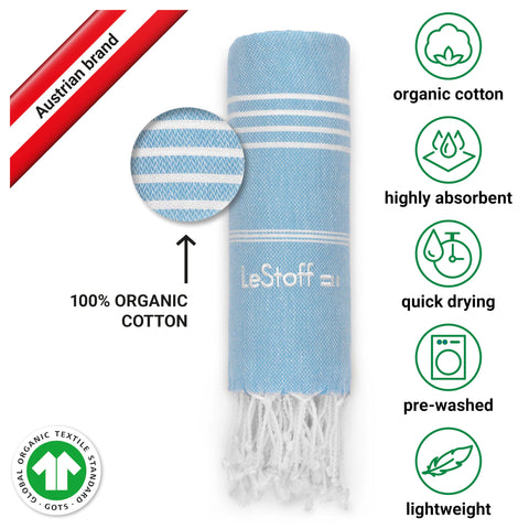 LeStoff Hammam Towel XXL/Picnic Blanket, 100% Organic Cotton, Light Blue