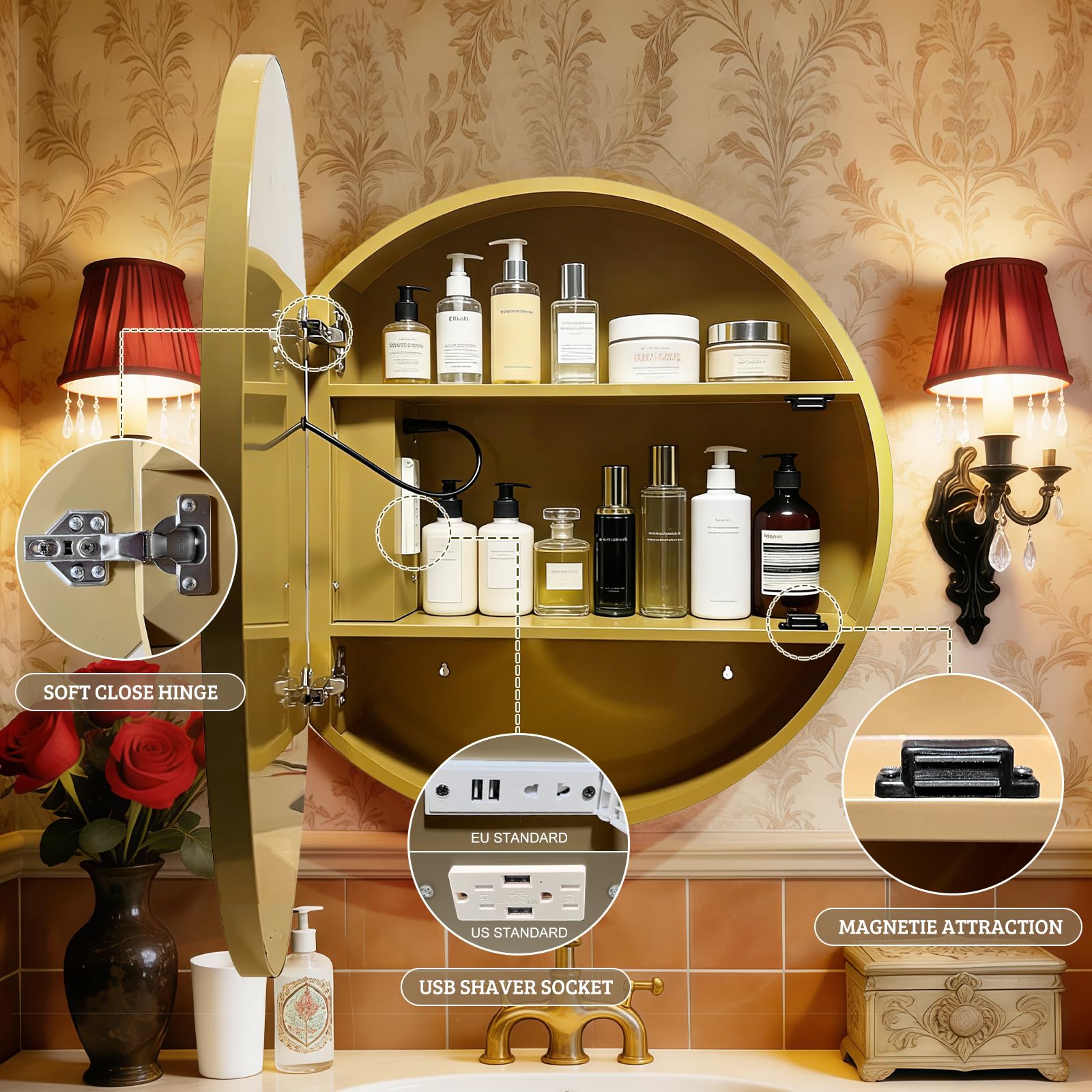 KAASUNES Round Mirror Cabinet with Light,Aluminum Framed,3 Colors Temperature&Dimmer,USB Shaver Socket,Defogger,66cm,Gold