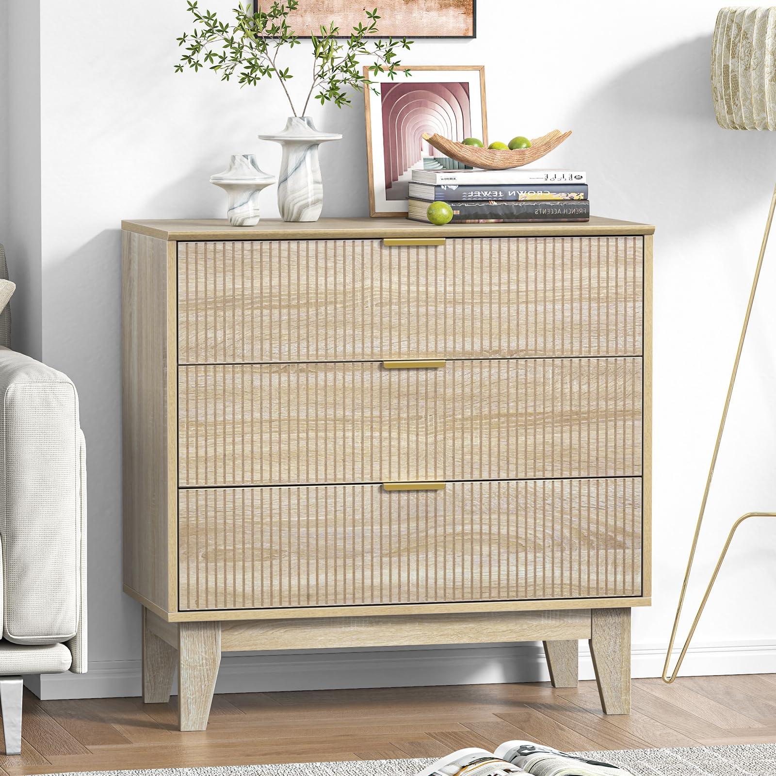 Yvsevnr Fluted Bedroom Chest of 3 Drawers Wooden Fluted Closet Dressers Anti-Tipping Large Nightstand Bedside Storage Cabinet Unit Clothes Storage