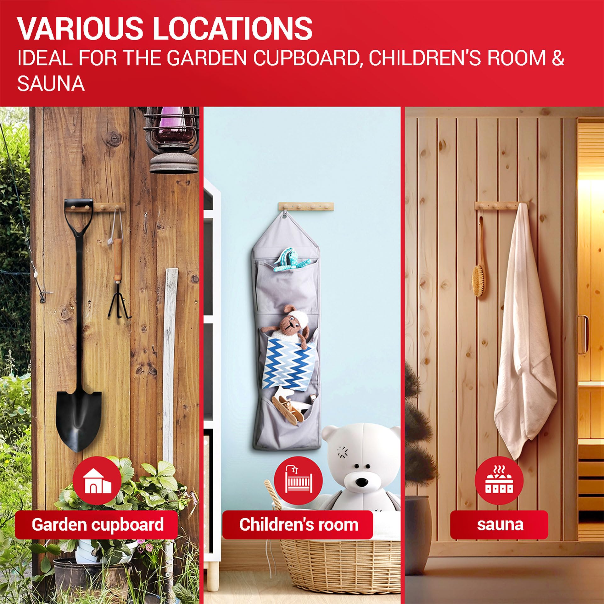 LouMaxx Wooden Hook Rack with Hooks - Wall Mounted Coat Rack for Children - Made of Untreated Pine Wood